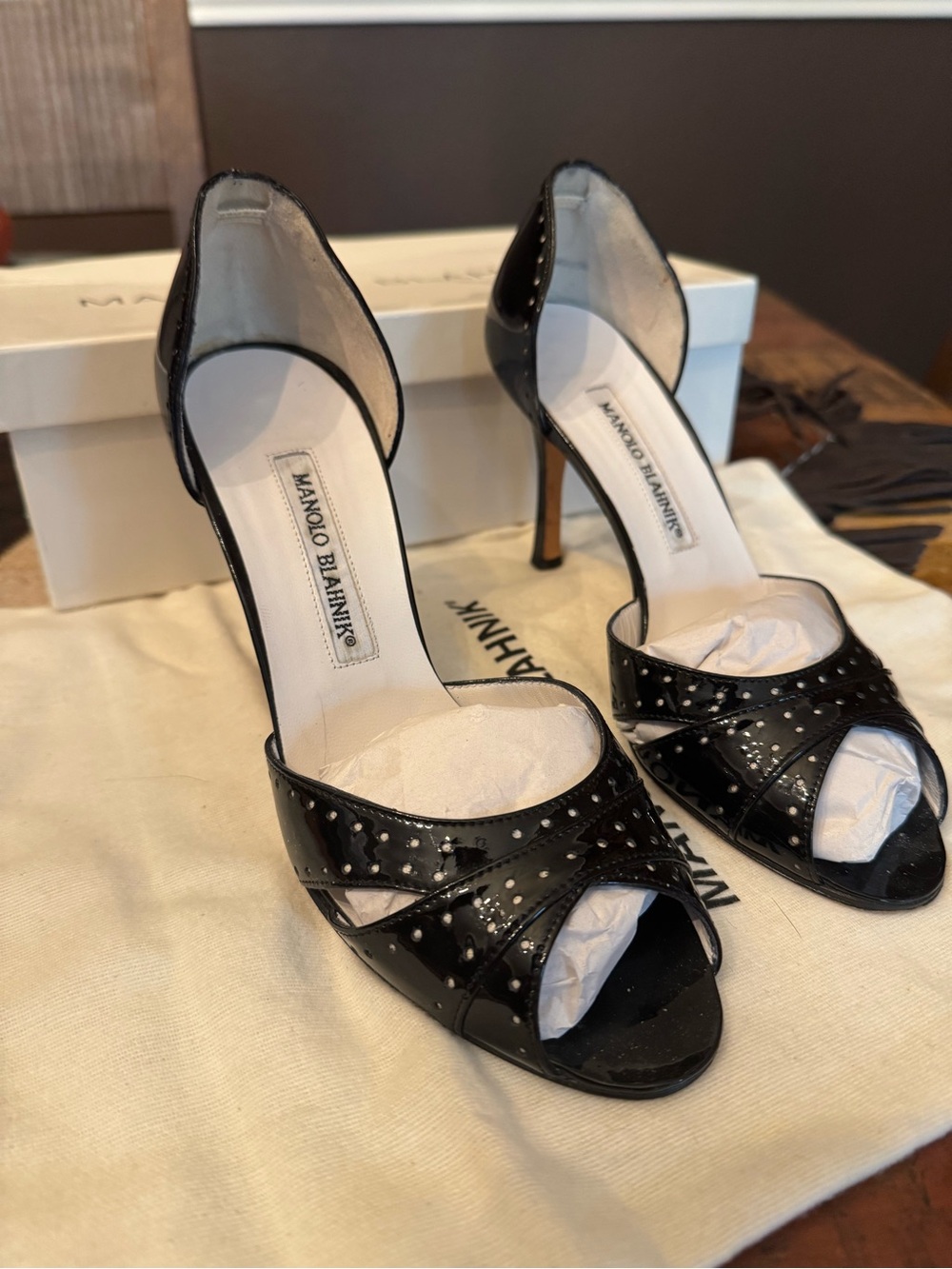 Manolo Blahnik Black Patent Open-Toe D'Orsay Heels with Perforation Detail 36.5
